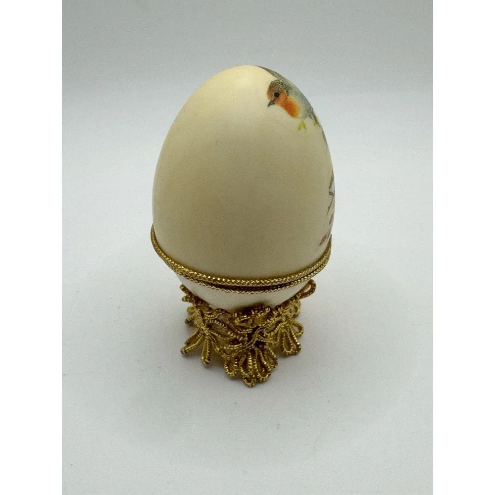 Vintage Real Egg Trinket Box With Blue Bird Printed On It And Satin Lining